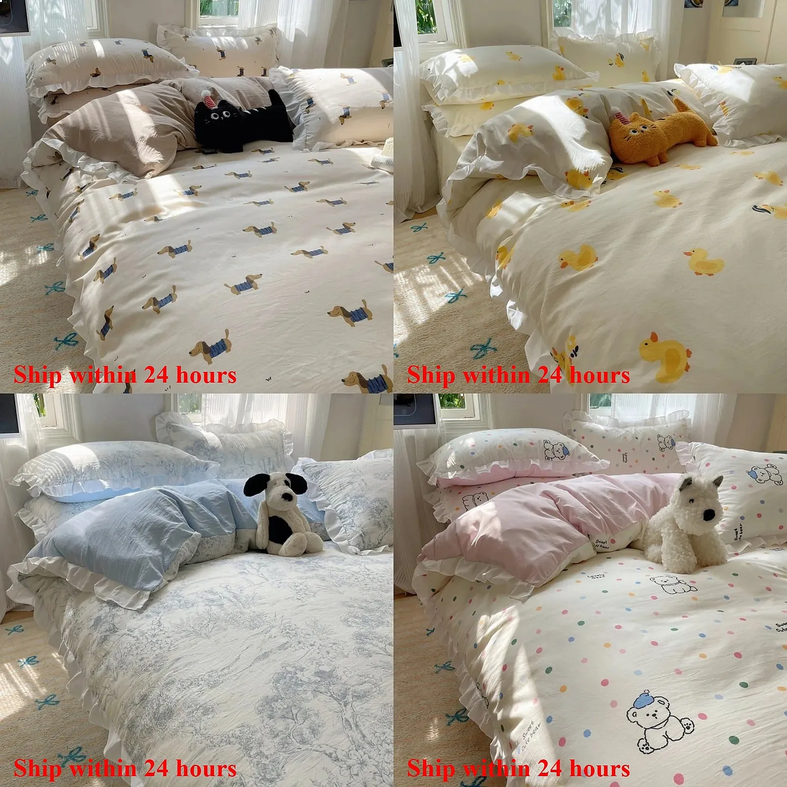 Queen Size Ruffle Duvet Cover Set 4Pcs Floral Leaf Comforter Cover Soft Luxury Washed Cotton Pastoral Garden Bedding Set