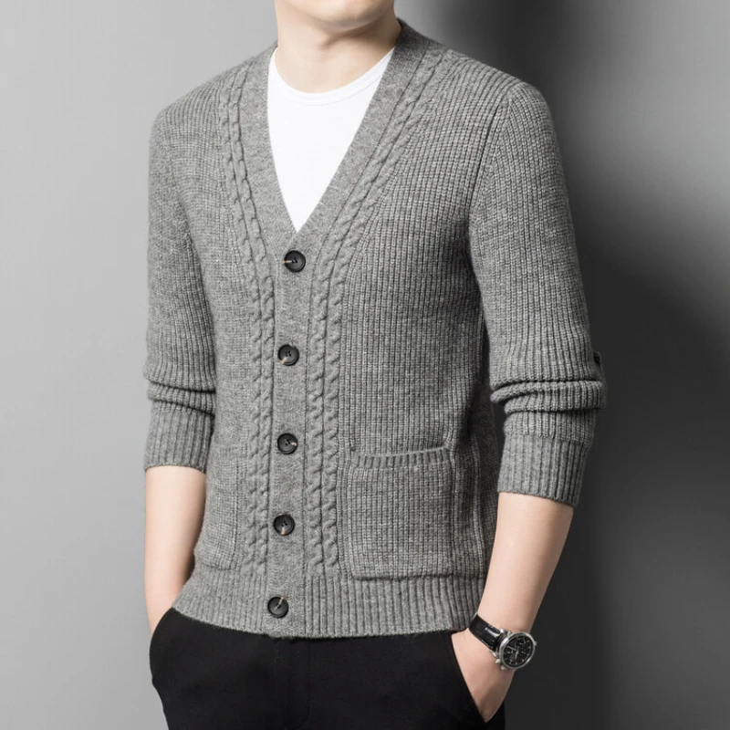 Cárdigan cálido diario de otoño para hombre con cuello en V de Color sólido, suéter de manga larga ajustado, elástico y de rayas verticales de un