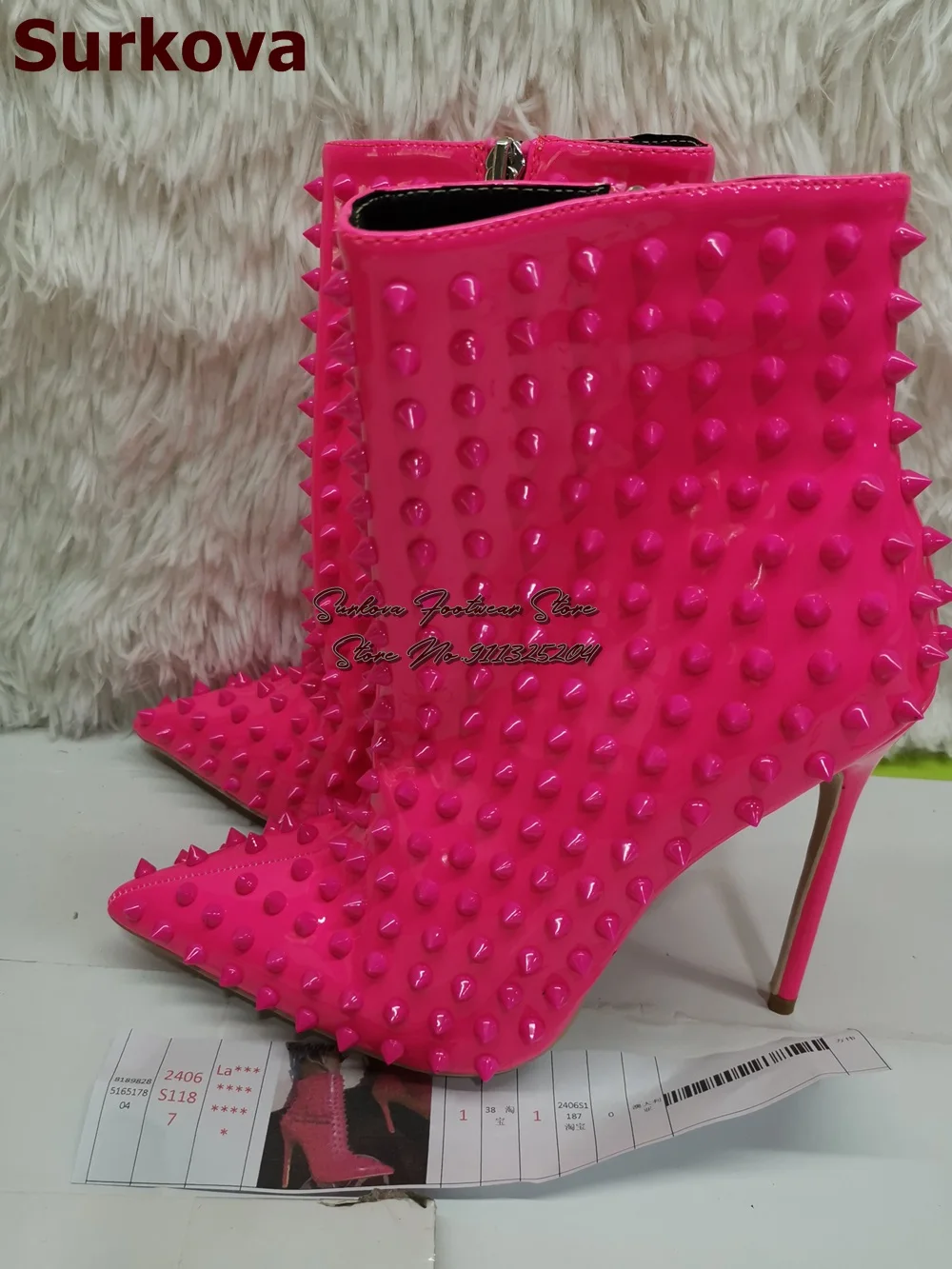 Surkova Hot Pink Red Patent Leather Full Rivets Ankle Boots Pointed Toe Stiletto Heels Booties Zipped Spikes Dress Shoes