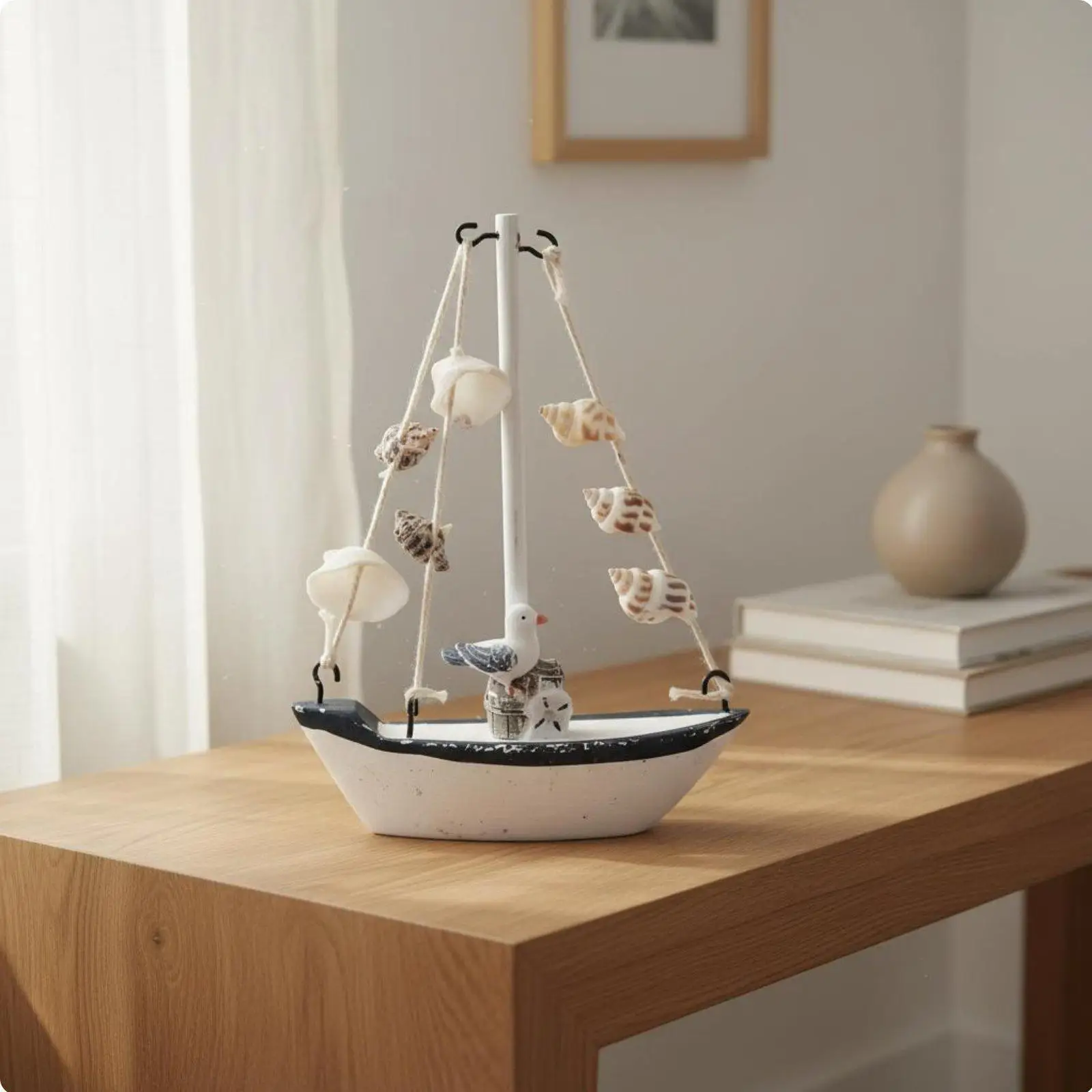 Wooden Sailboat Figurine Vintage Crackle Finish Nautical Decor Mediterranean Coastal Style Ship Model for Bookshelf Desk