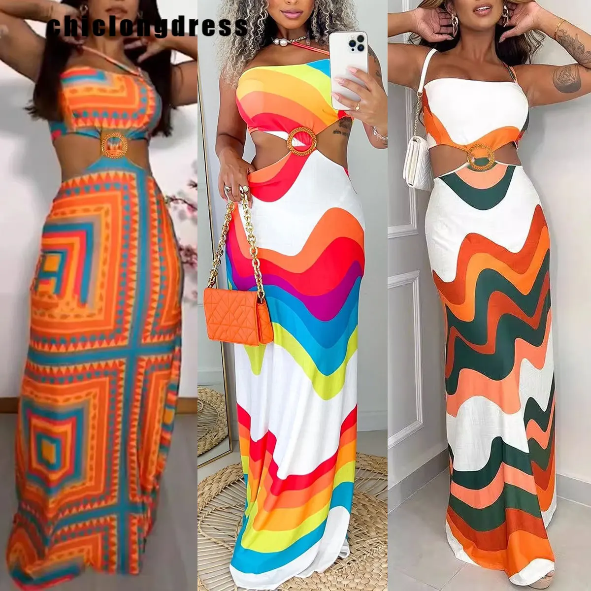 

Summer Fashiona Beach Style Hollow Long Dress Women Sexy Halter Neck Backless Printed Slim Dress Women