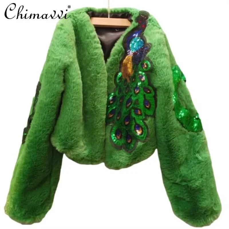 

Korean Version of Fashion Temperament Young Lazy Wind Autumn and Winter New Malachite Green Fur Coat For Women