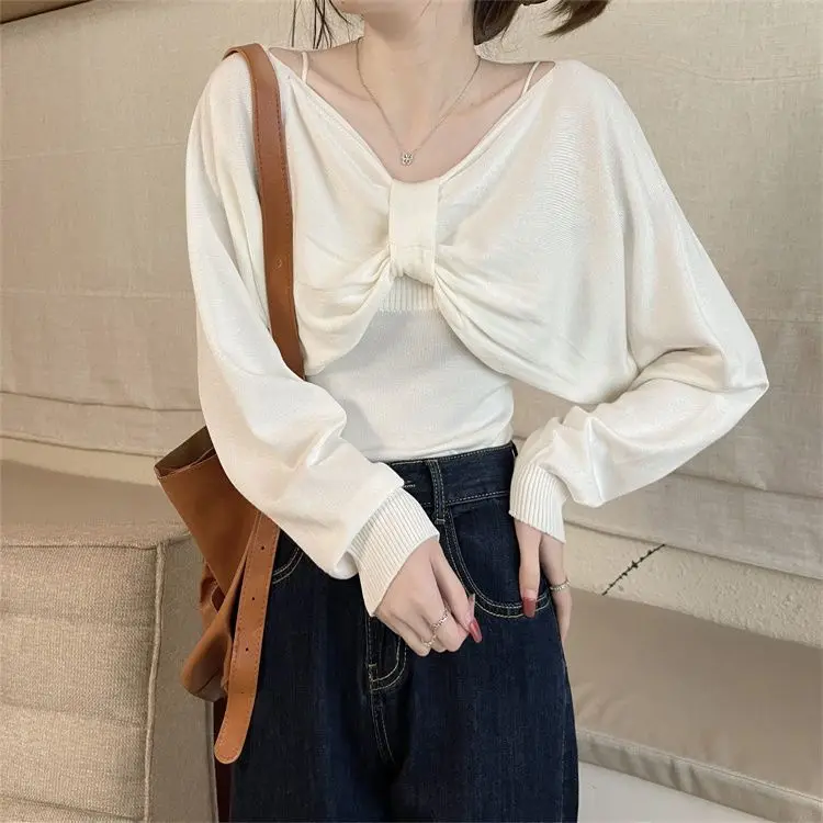 Bow One Shoulder Sweater Long Sleeve Knitted Shirt Women\'s Short Style High End Interior Top