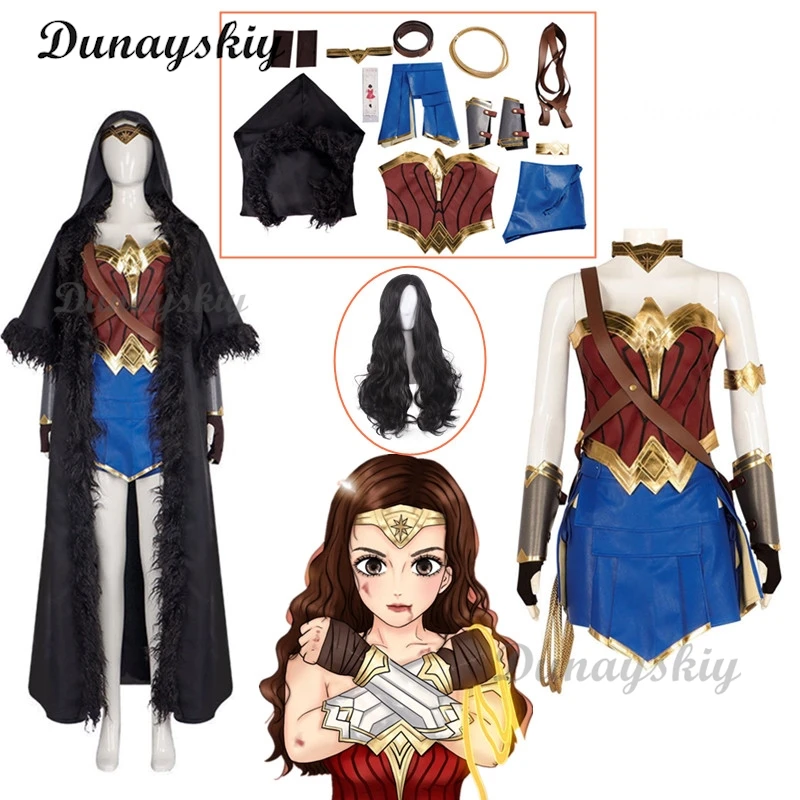 Accessoires de perruque de costume d'Halloween pour femmes adultes, corset cosplay Diana Prince, jupe bleue, guêtres, paupières, protège-poignets