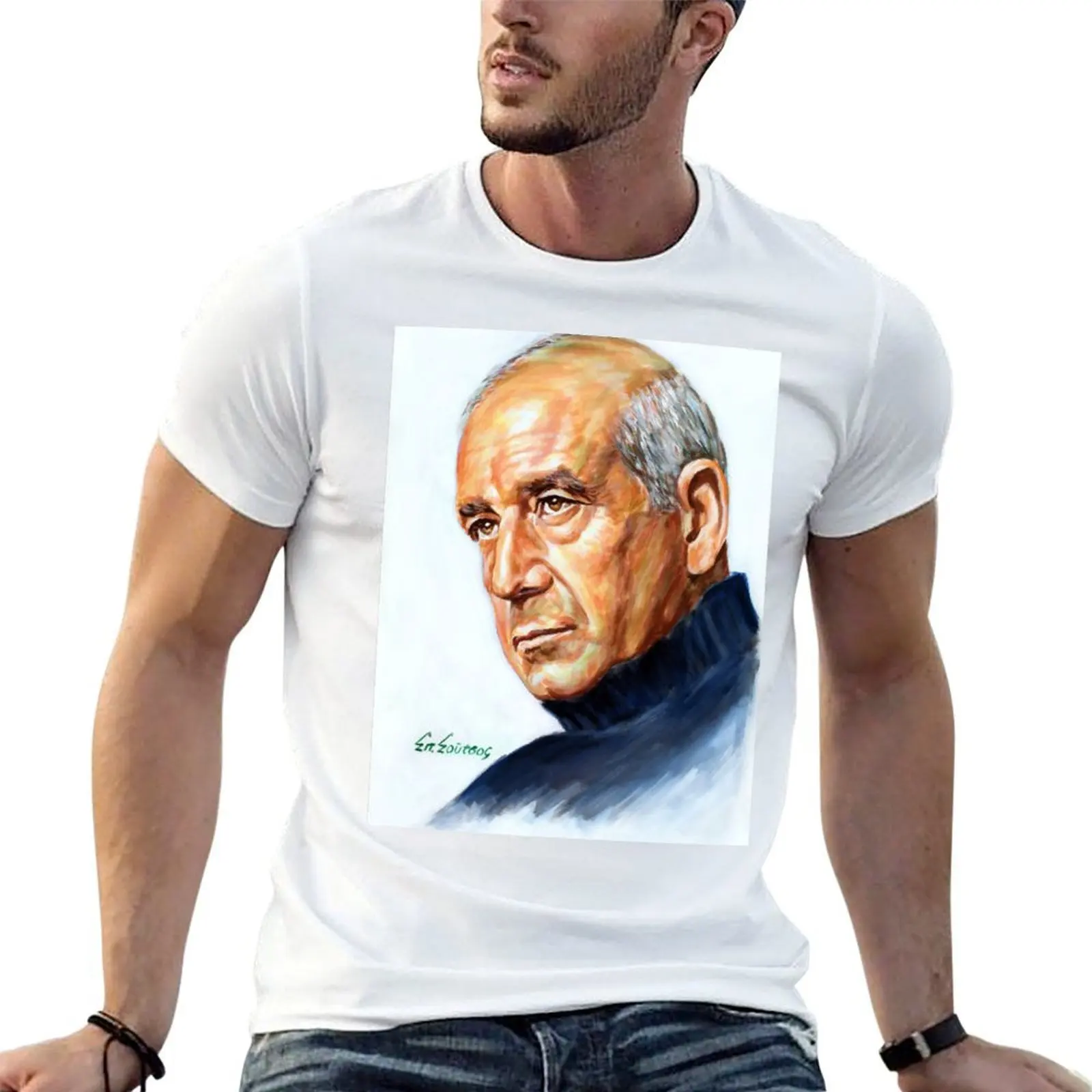 Dimitris Mitropanos painting portrait - Δημ?τρη? Μητροπ?νο? πορτρα?το, αφ?σα T-Shirt man t shirt cotton T-Shirt