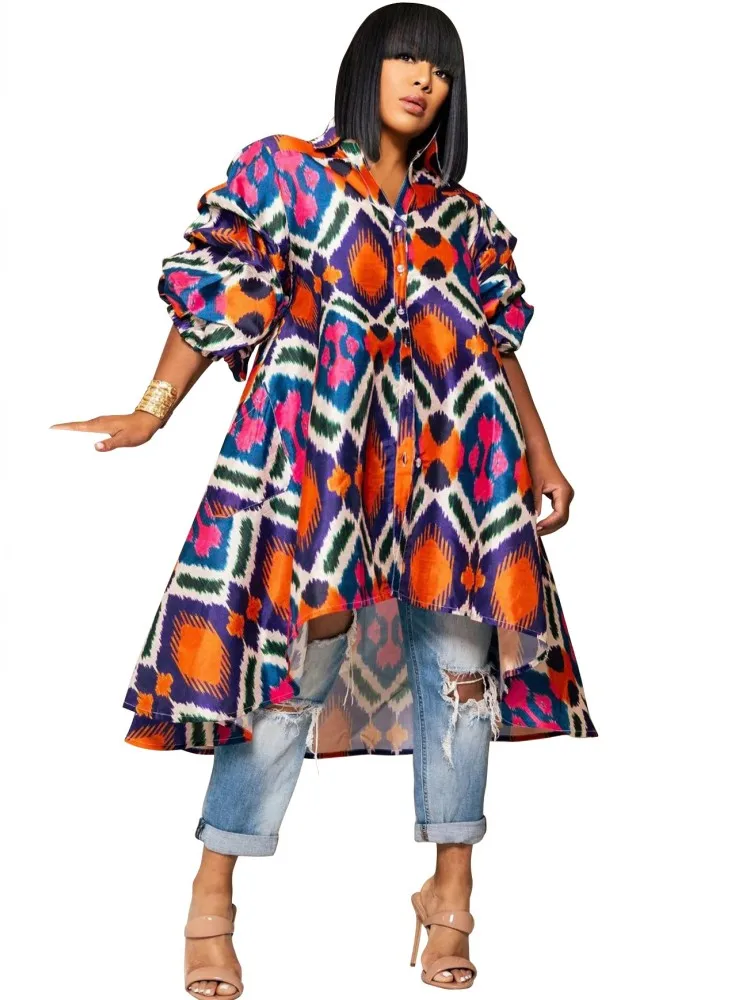 

Африканские платья для женщин, африканская одежда, платье с короткими рукавами и рюшами, сексуальное тонкое платье-рубашка с отложным воротником, офисное женское вечерние платье