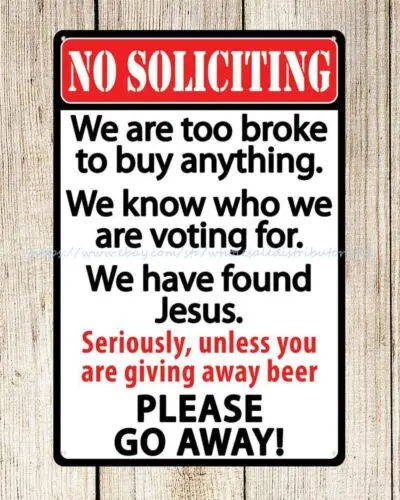 garden reproductions No soliciting please go away metal tin sign