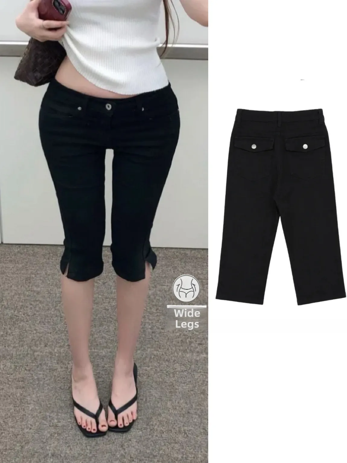 Fashionable Capri Jeans with Hip Pad Split Design Slim Fit Mid-Rise Casual Six-Part Pants Women's Summer Denim Pull-On Skinnies