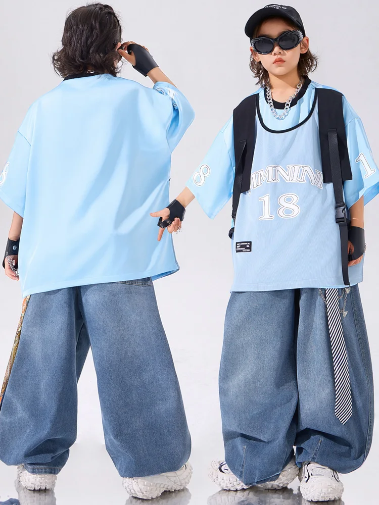 Hip Hop Outfits Oversized  Print Blue T shirt Blue Baggy Denim Pants K-pop Dance Jeans Group Streetwear Jazz Dance Clothes