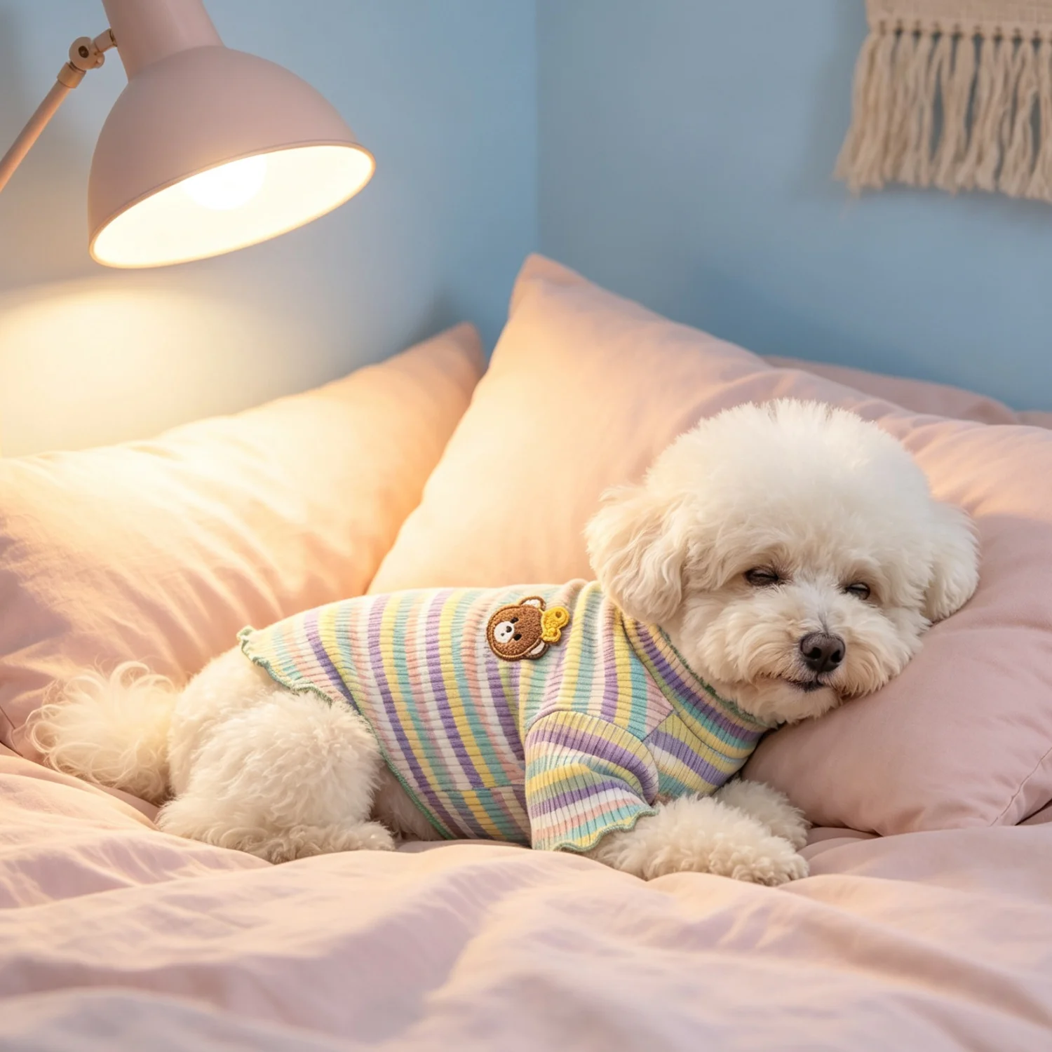 Gestreiftes Strick-Hundehemd mit niedlichem Bärenmotiv, Haustierkleidung, weiches geripptes Welpen-Outfit für Bichon Frise und Teddy. – Detail 13