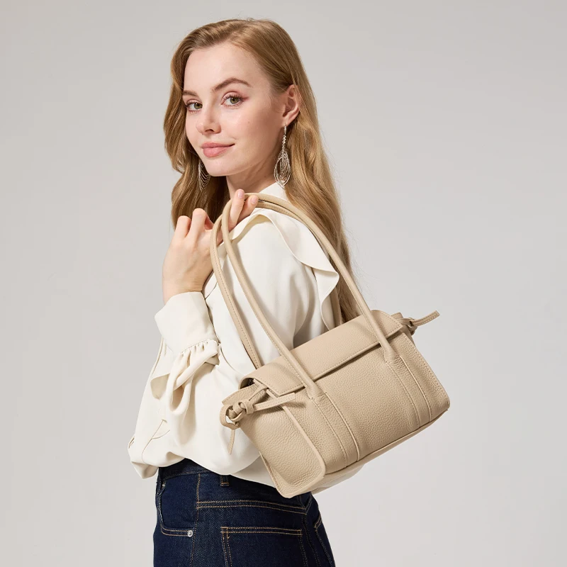

Women's Long-Handled Genuine Cowhide Leather Tote Bag Luxury Designer Pebbled Leather Drawstring Side Crossbody Shoulder Bag