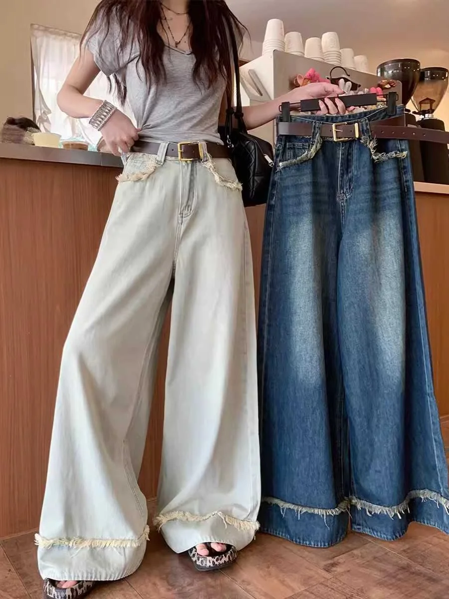 

High Waist Straight Leg Denim Jeans Women's Spring Summer New Style Loose Drapey Frayed Hem Wide Leg Long Pants