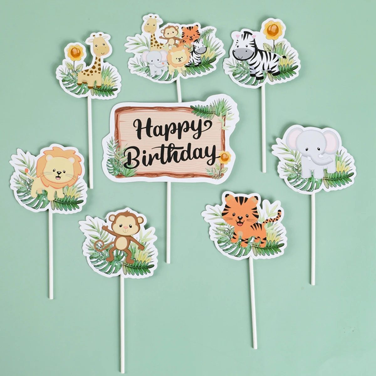 Safari Animals Cake Toppers Cartoon Giraffe Lion Zebra Cupcake Wrapper Jungle Themed Kids Boy Wild 1st Birthday Party Decoration