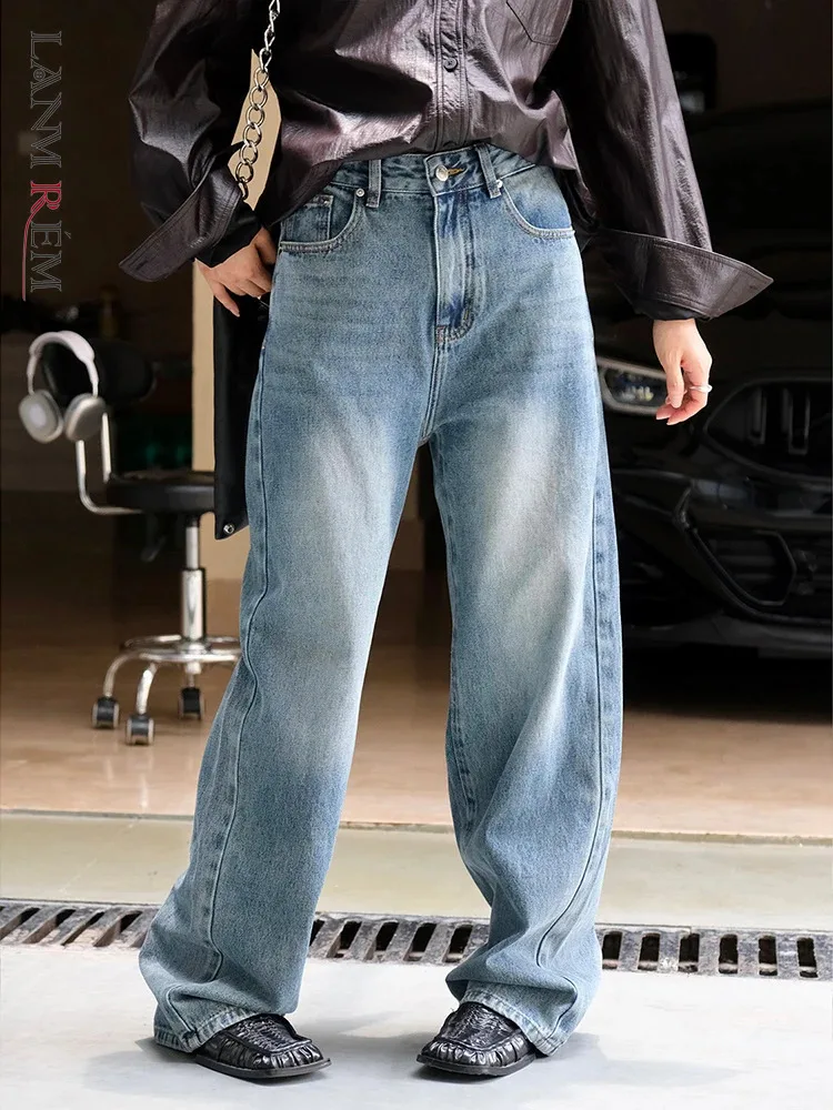 

[LANMREM] Vintage Washed Jeans For Women High Waist Straight Wide Leg Denim Pants Streetwear Trousers 2024 Autumn New 26C152