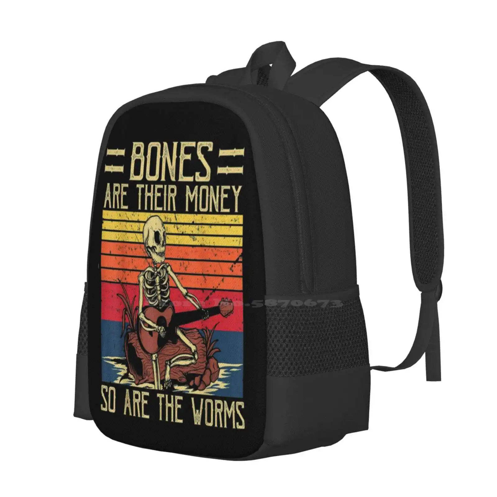 Bones Are Their Money T-Shirt Skeleton Playing Guitar Retro Vintage Shirt Teen College Student Backpack Pattern Design Bags I