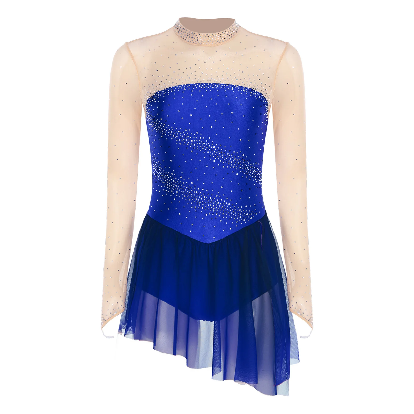 Womens Rhinestone Figure Ice Skating Dress Sheer Mesh Latin Ballet Leotard Contemporary Lyrical Dance Performance Costumes