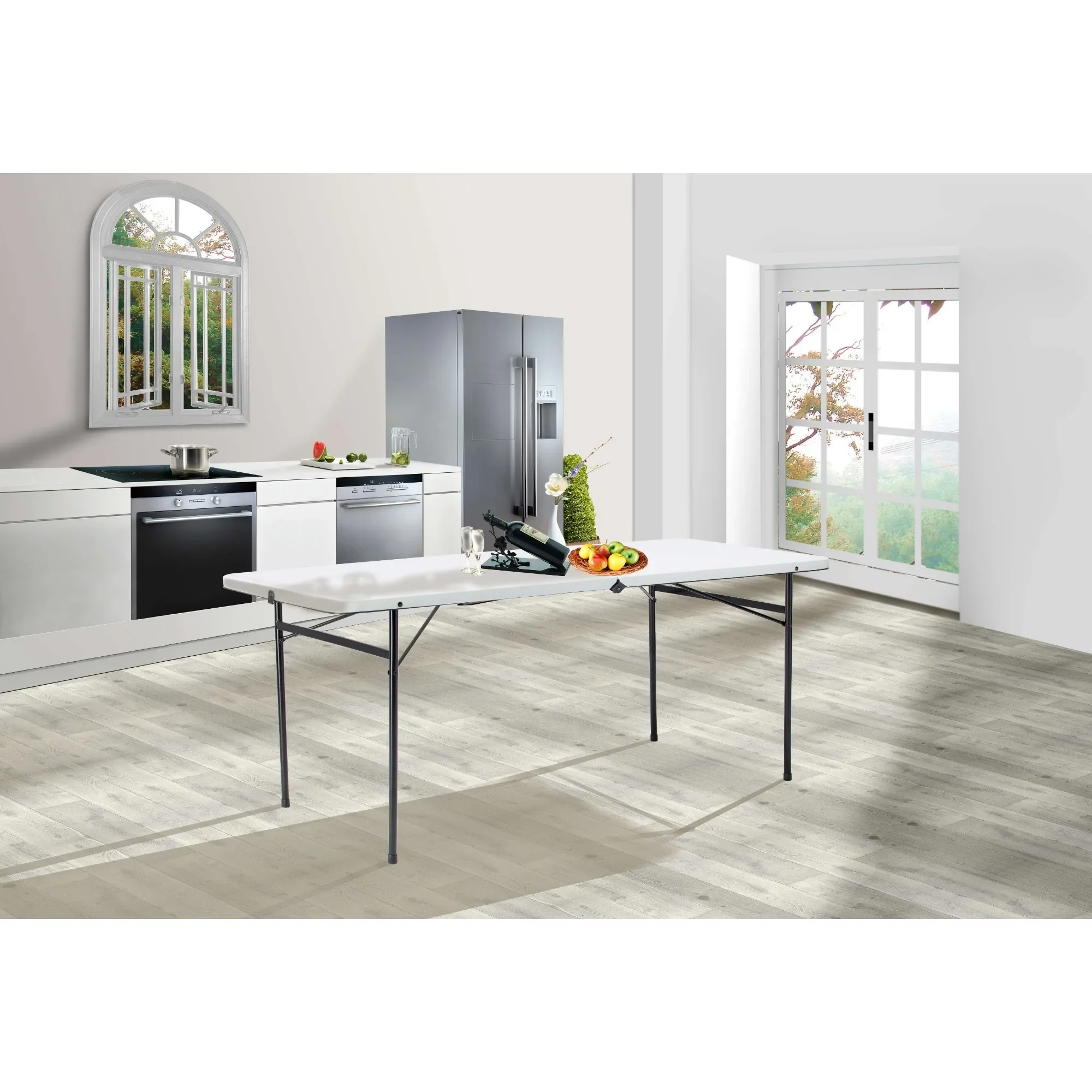 Mesa plegable de plástico plegable de 6 pies, almacenamiento conveniente, color blanco