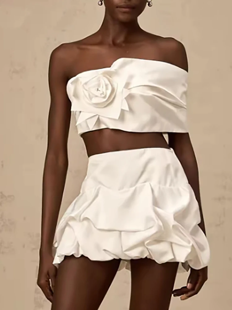 

Женское однотонное модное комплект из двух предметов, платье без бретелек, топ с 3D цветочным принтом, высокая талия, лоскутная мини-юбка со складками, женская новинка