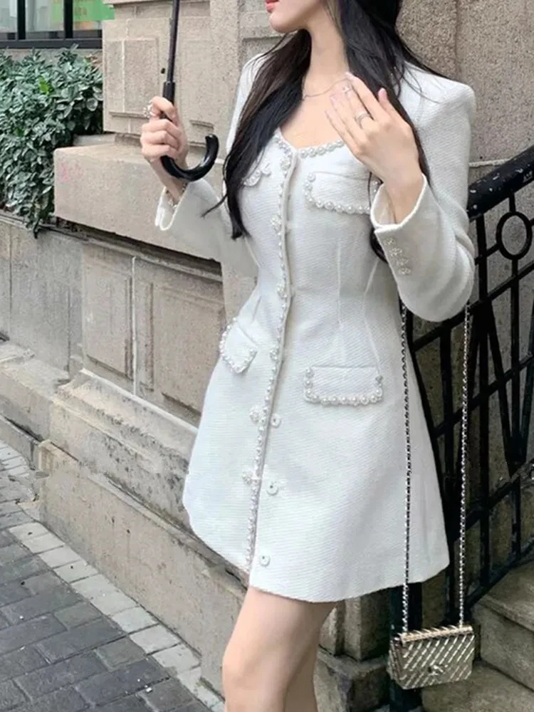 

White New Dresses Autumn Temperament Celebrity Small Fragrant Wind Tweed Dress Women White Pearl Diamond Woolen Dress Vestidos