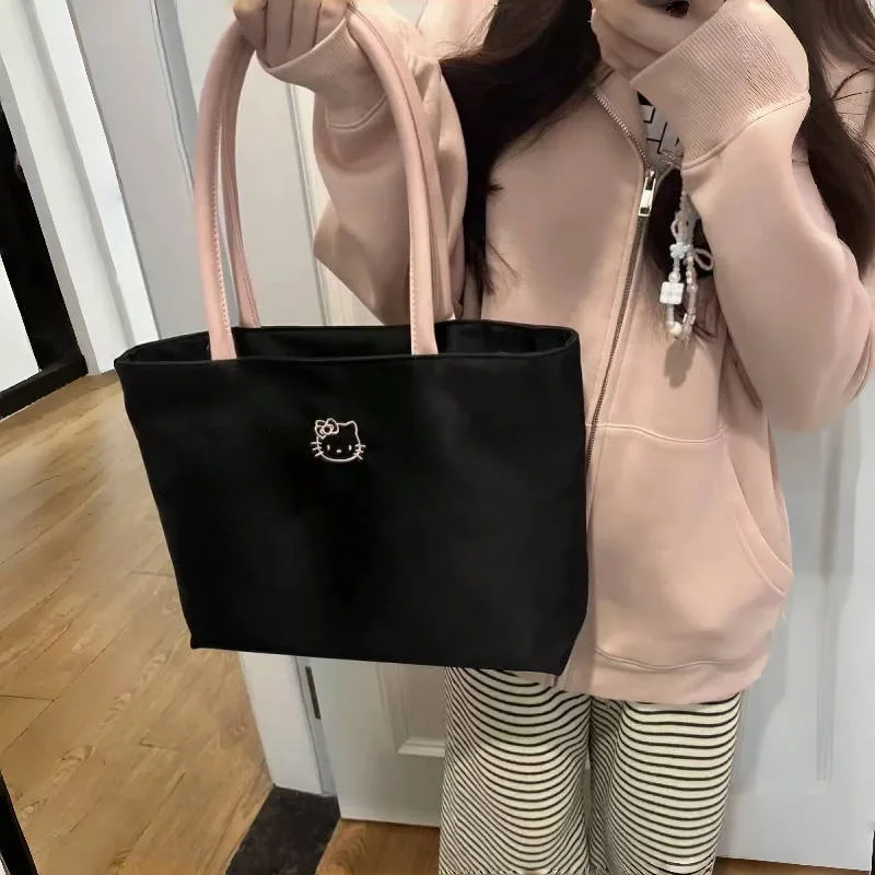 حقيبة تسوق ذات سعة كبيرة مطرزة برسوم كرتونية لطيفة، حقيبة كتف عصرية ومتعددة الاستخدامات، حقيبة يد نسائية سوداء عصرية #2