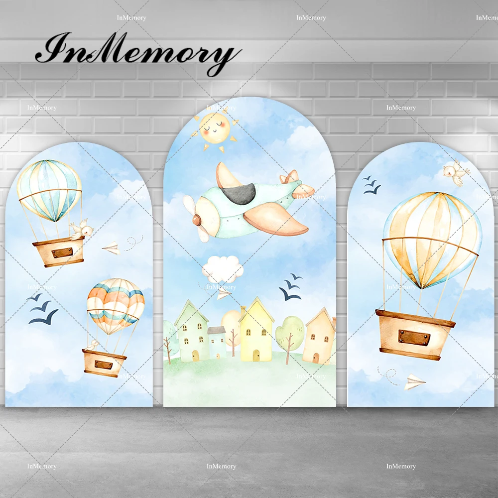 

Boys Baby Shower 1st Birthday Party Chiara Arch Backdrop Cover Sky Blue Clouds Hot Air Balloon Airplane Newborn Backgrounds