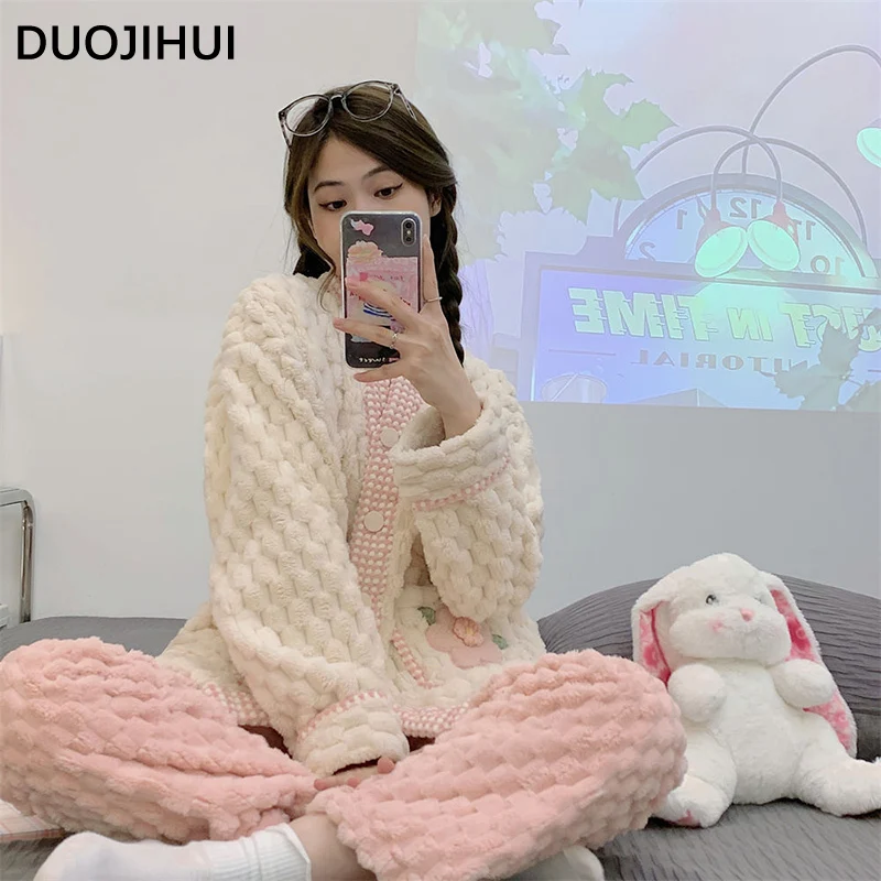 DUOJIHUI Two Piece Simple Winter Thick Warm Pajamas for Women New Long Sleeve Cardigan Loose Pants Fashion Female Sleepwear Sets