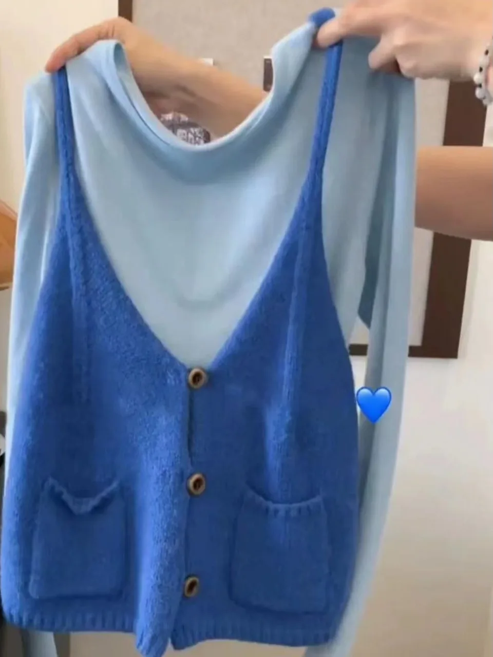 

Синий вязаный жилет, верхний комплект, женская корейская верхняя одежда Sle Faion, топ с ремешками Dain, комплект из двух предметов для молодых девушек