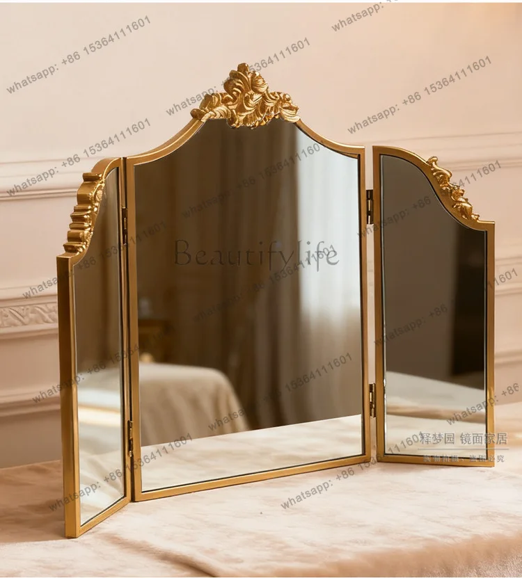 8European retro three-dimensional carved tri-fold mirror
