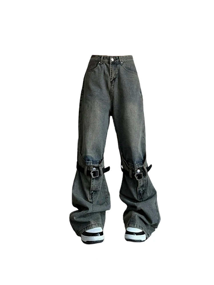 Imagem -02 - Calça Jeans Feminina Vintage Azul Baggy Harajuku Y2k Cintura Alta Calça Jeans Larga 2000s 90s Estética Roupas de Lixo 2023