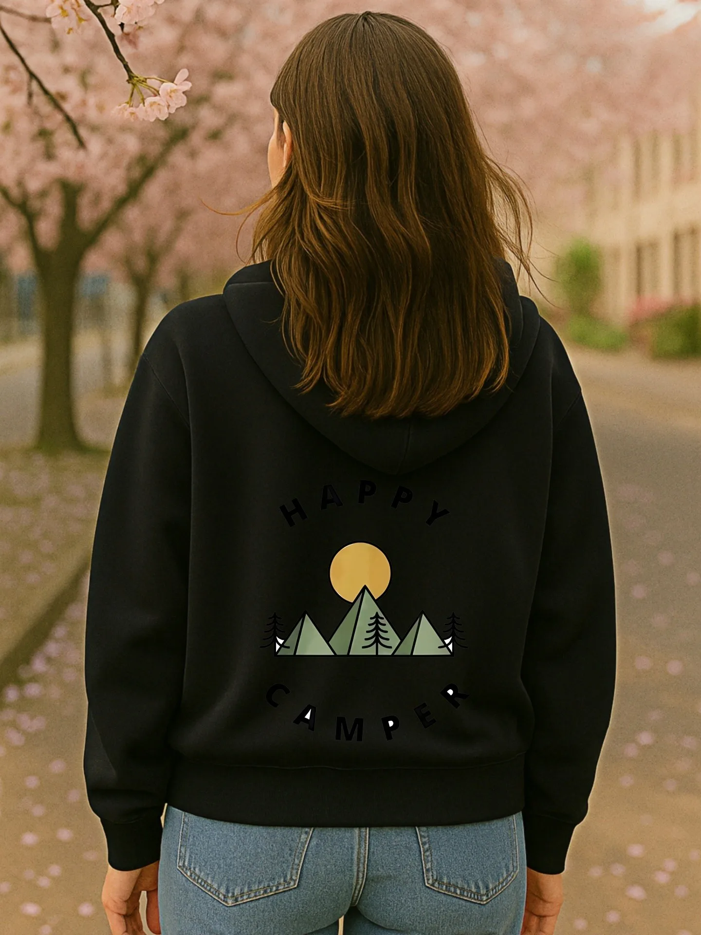 Graphic Hoodie Women, Happy Camper Print, Casual Aesthetic, Soft Fabric, Casual Everyday Wear, For Teens