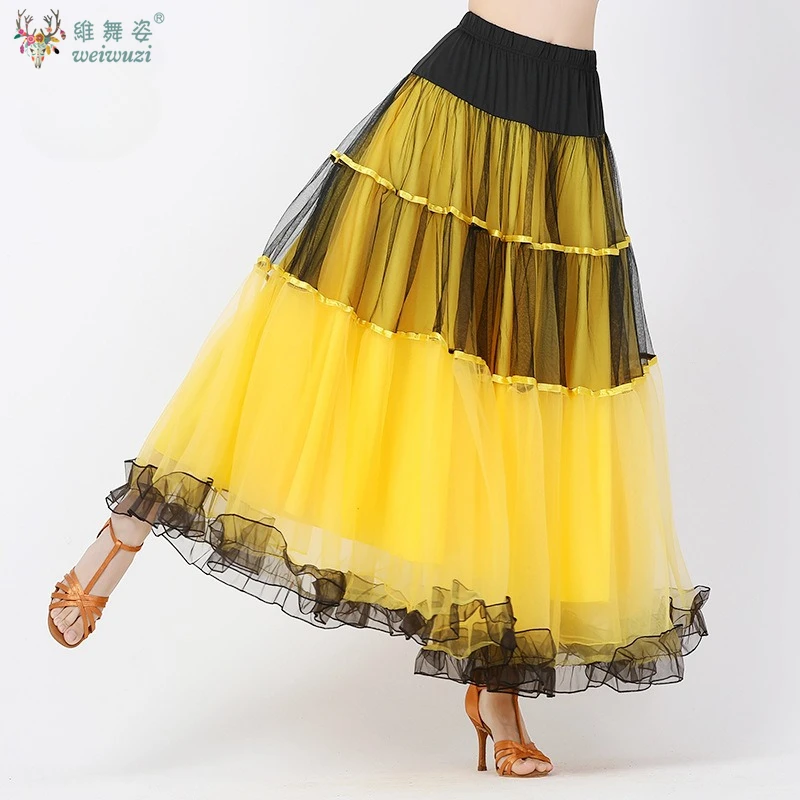 ผู้หญิง Flamenco โมเดิร์นห้องบอลรูมเต้นรํา Big Swing กระโปรงสังคมเต้นรําครึ่งกระโปรงประสิทธิภาพสแควร์ตาข่ายครึ่งฝึกชุดยาว