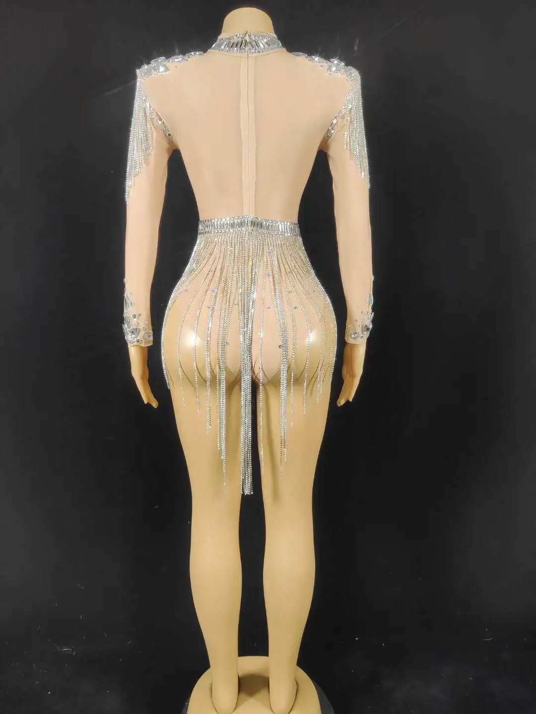 Nude Drill Fringe Shinning Rhinestone Crystals Bodysuits For Women See Thru Sheer Mesh Leotard Glitter Drag Queen Costume 2024