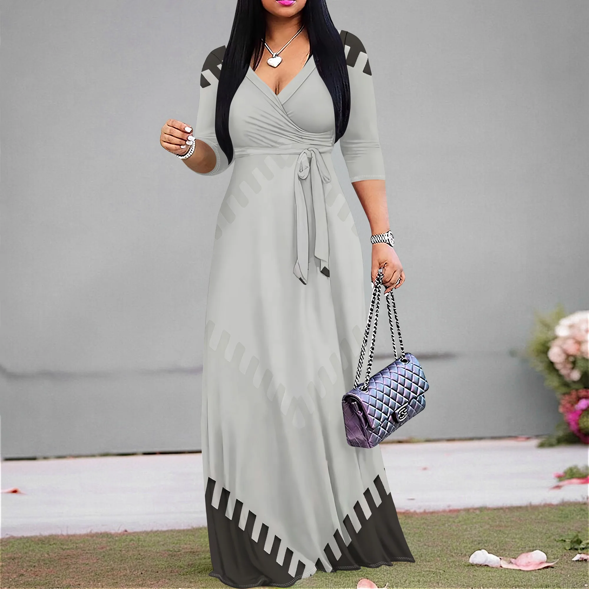 

"Women’s Elegant V Neck Maxi Dress 3/4 Sleeve Tie Waist Color Block Long Gown for Easter Church Mother’s Day Party S-3XL"