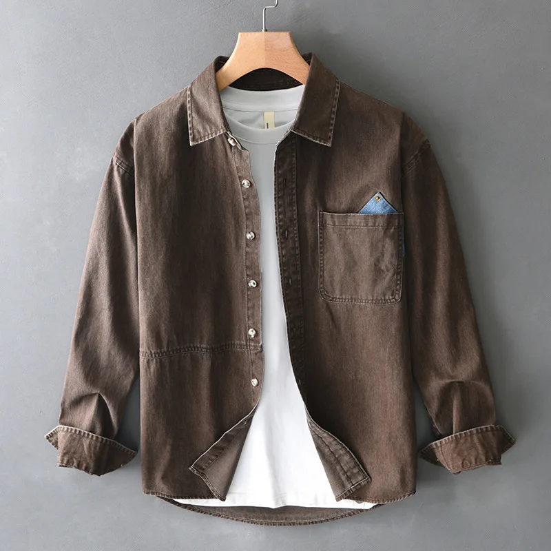 

Японская винтажная кофейная рубашка, мужская весенне-осенняя повседневная рабочая одежда с карманами, свободные топы, новые мужские рубашки с длинными рукавами, одежда из чистого хлопка