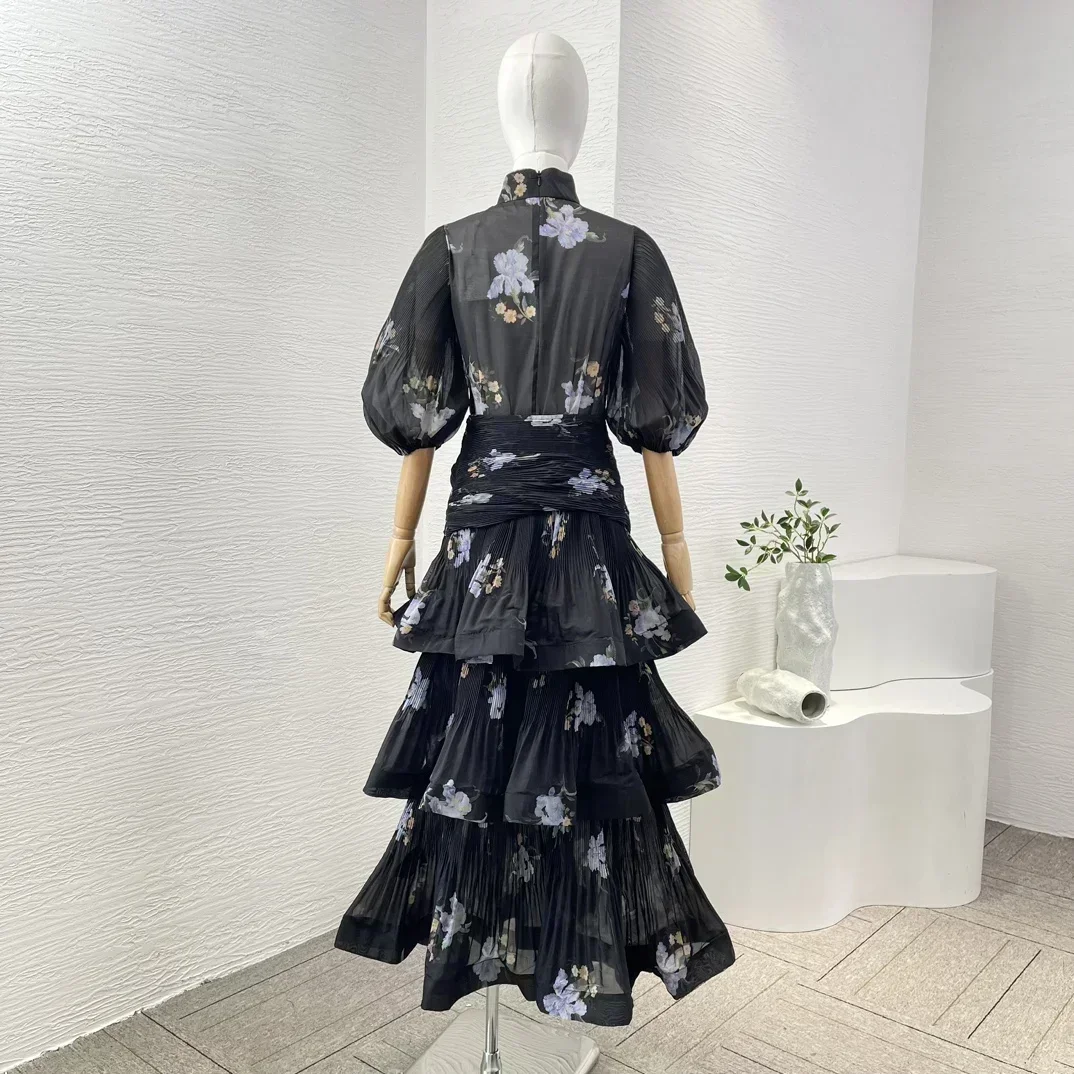 Black 2024 New Fall Floral Print Puff Half Sleeves Blouse Tops and Overlay Cascading Pleat Midi Skirt Women Vintage Holiday Set