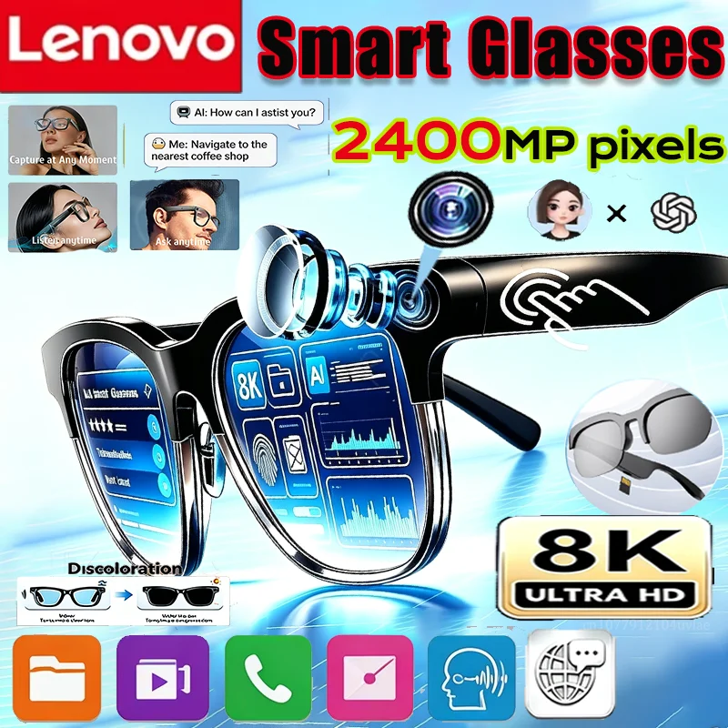 Lenovo 8K 2400MP AI Smart Glasses Insert Cards Translation Bluetooth Conversation Recording Music Smart Sunglasses Electronics
