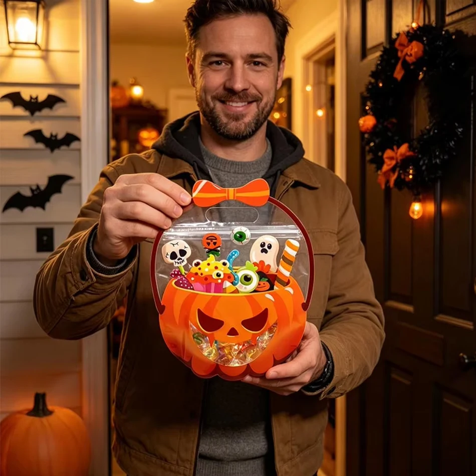 10–40 Stück Halloween-Leckerei-Beutel, transparente, selbstklebende Süßigkeitenbeutel, Plastik-Kekstüten für „Trick or Treat“, Halloween-Geschenkbeutel – Detail 6