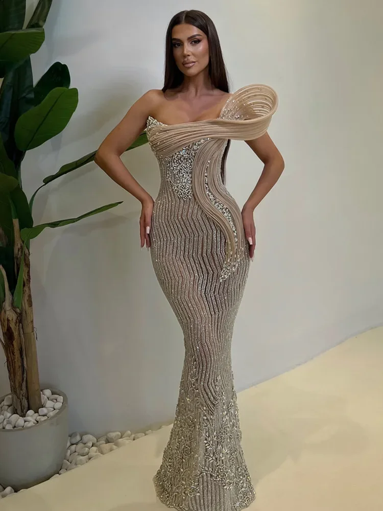 Luxury Prom Gowns for Women High End Fashion Strapless 3D Mesh Patchwork Diamonds Sequines Maxi Long Glitter Evening Party Dress