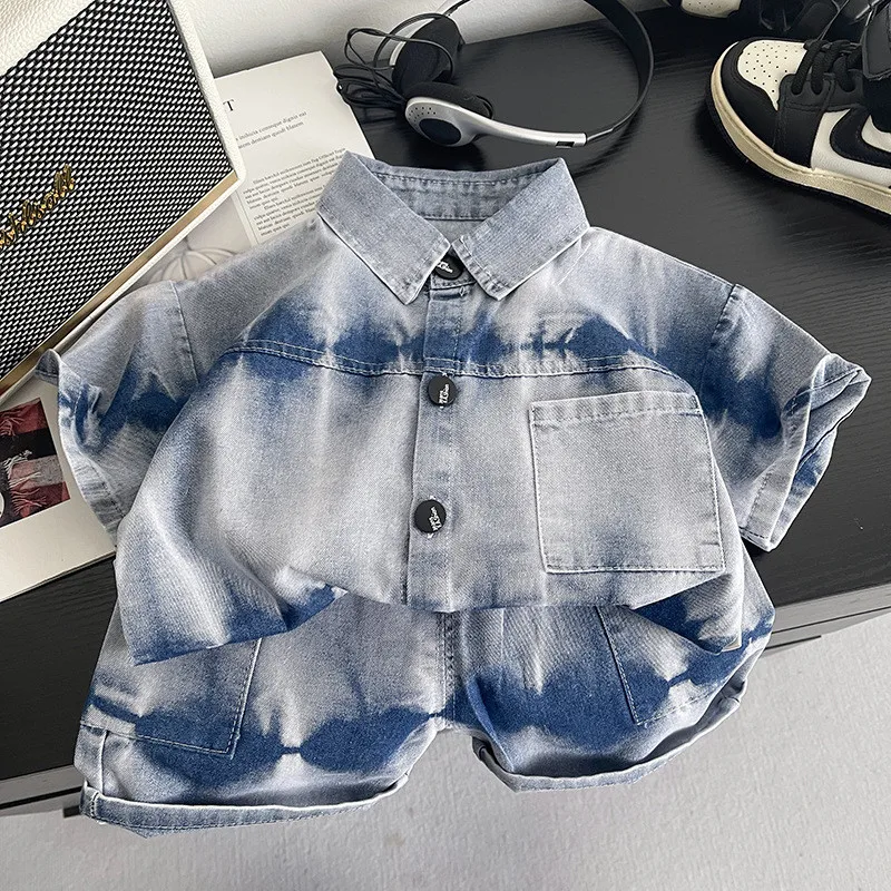 Summer Tie Dye Denim Shirt And Shorts Two-Piece Set for Baby Boys Fashionable New Style Handsome Children's Outfit