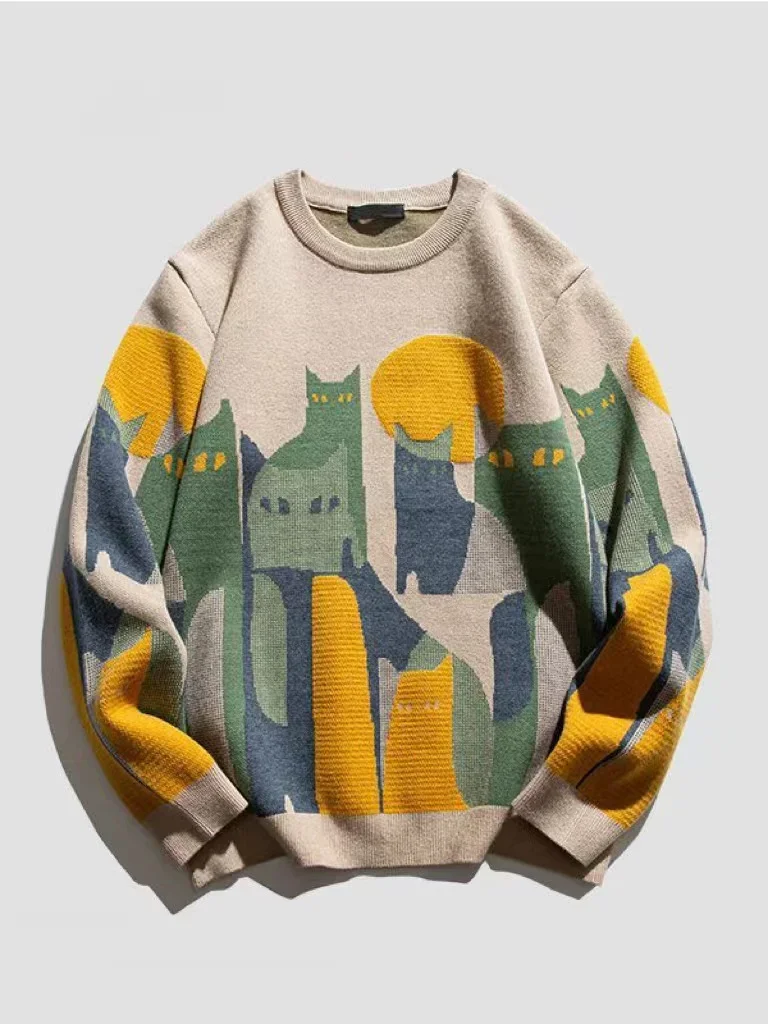 2024 Autumn Harajuku Knitted Sweater Men Women Winter Cartoon Full Cat Print Pullover Vintage Causal Loose Sweaters Streetwear