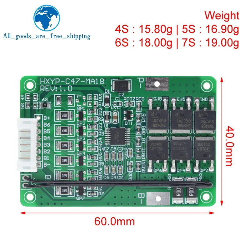 TZT 3 원 리튬 배터리 충전기 보호 보드, 밸런스 온도 보호, 리튬 이온 Lmo, 4S, 5S, 6S, 7S, BMS, 16.8V, 21V, 20A 18650