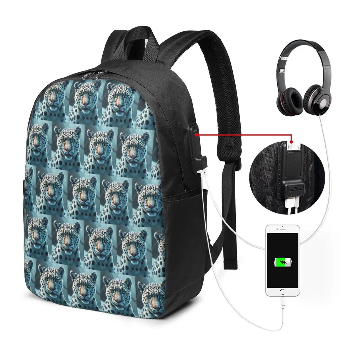 White Leopard Cheetah Realistic Art Backpack Travel Notebook Bag Computer College Student School Bag Laptop Shoulder Bags