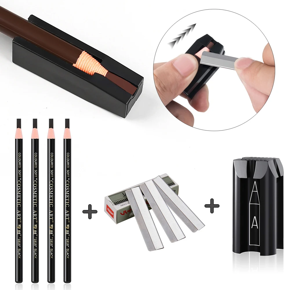 4Pcs Eyebrow Pencil With Pencil Sharpener 10Pcs Brow Trimmer Blade Microblading Supplies Eyebrows Tip Thin Tattoo Beauty Tools