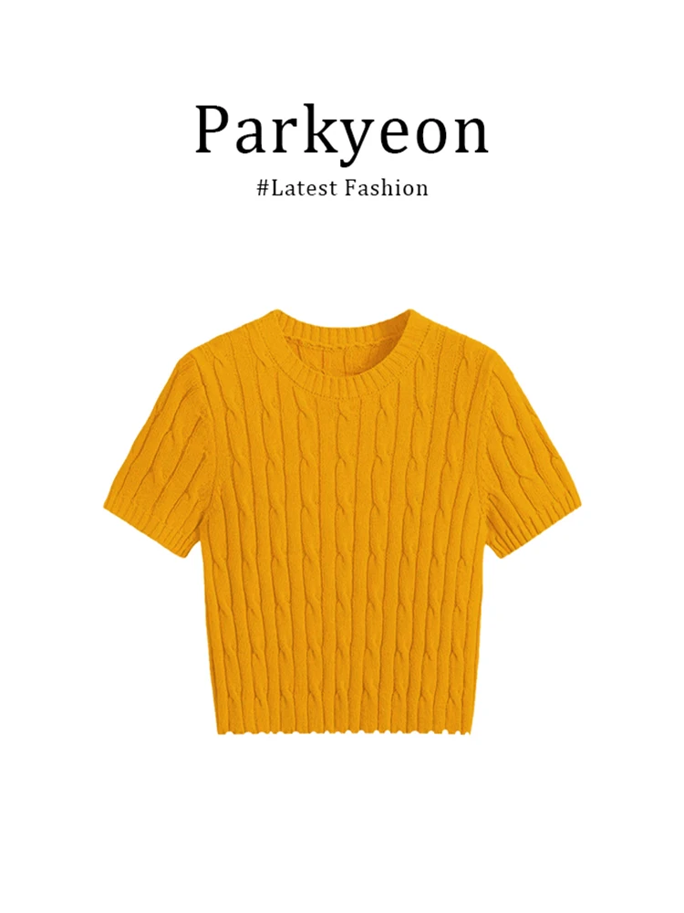 Dopamine Yellow Korean Style Spicy Short Sleeve Knitted Top And Jeans Two Piece Set Women Spring Summer Autumn Slim Fit Short - view 2
