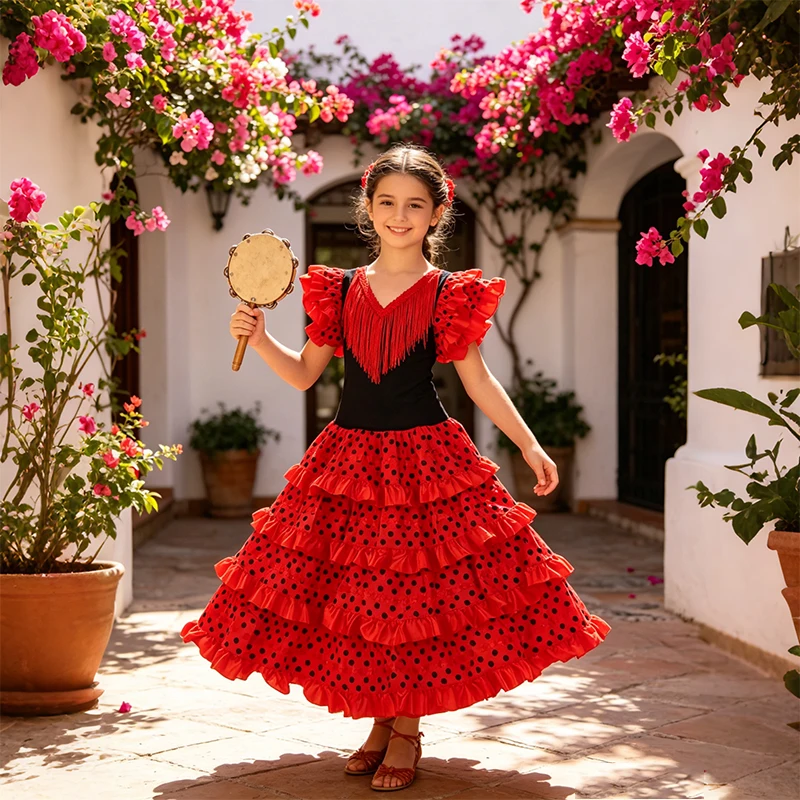 Disfraz de Baile Flamenco Español para Niñas, Vestido Largo con Volantes y Puntos Rojos, Traje para Actuaciones, Carnaval y Fiestas de Cumpleaños