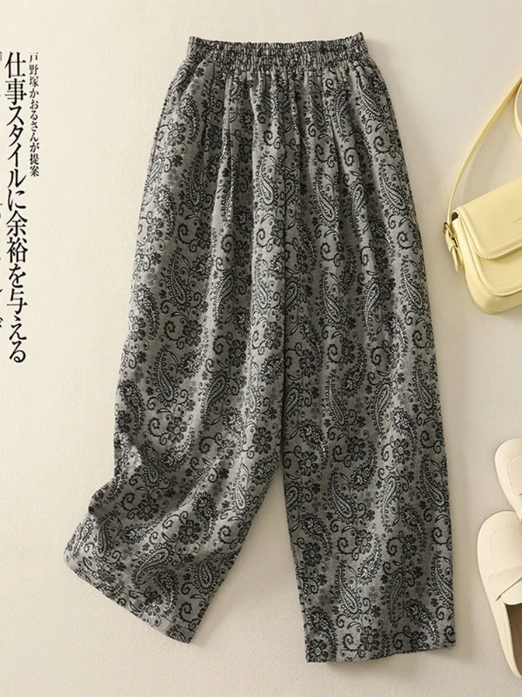 레트로 슬레 디지털 프린트 코튼 린넨 하렘 바지 여성 여름 편안한 얇은 하이 웨이스트 슬리밍 캐주얼 스트레이트 레그 팬츠