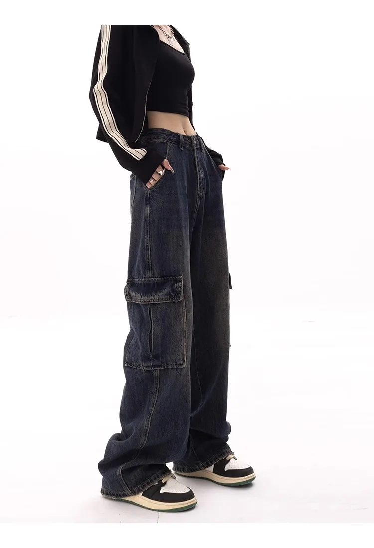 Design Vintage Cargo Pants Woman Pocket Straight Wide Leg Jeans Casual 2023 Autumn Winter Korean Baggy Woman Denim Trouser Y2K