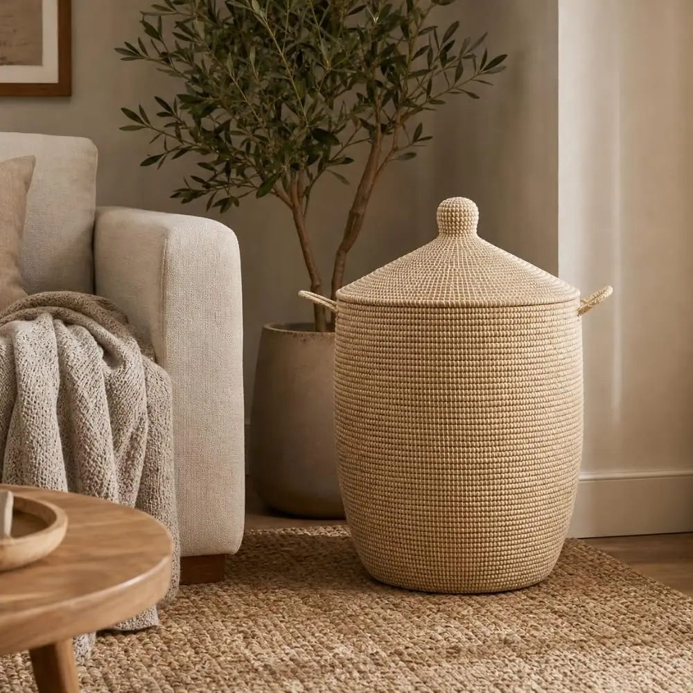 Tall Laundry Hamper with Lid and Handles, Beige African Wicker Laundry Basket for Clothes Storage, 18