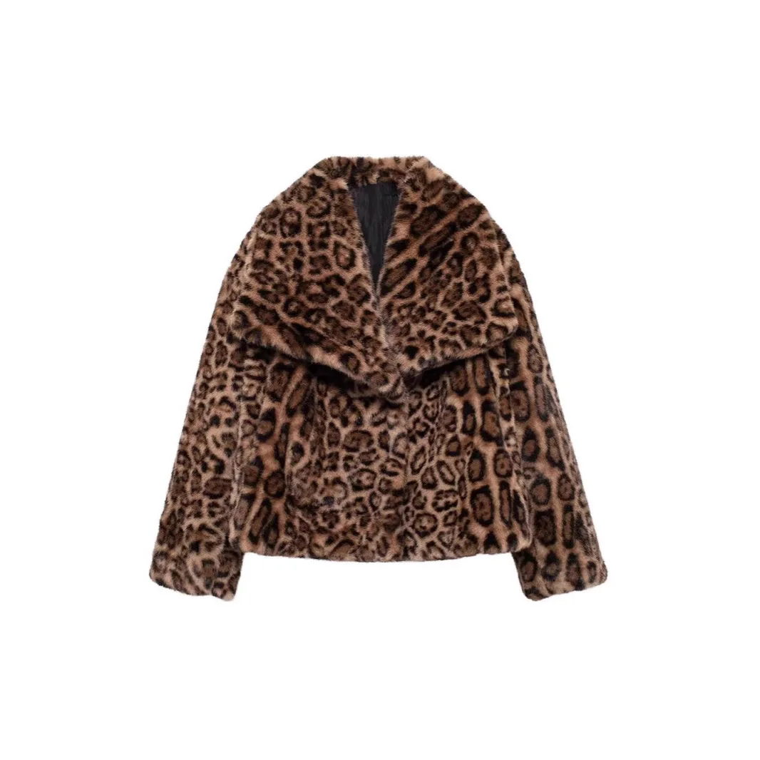 قصيرة ليوبارد فو الفراء سترة التلبيب المرأة معطف الشتاء طويلة الأكمام فروي سترة الأرنب الفراء رقيق جاكيتات ضئيلة أفخم معطف