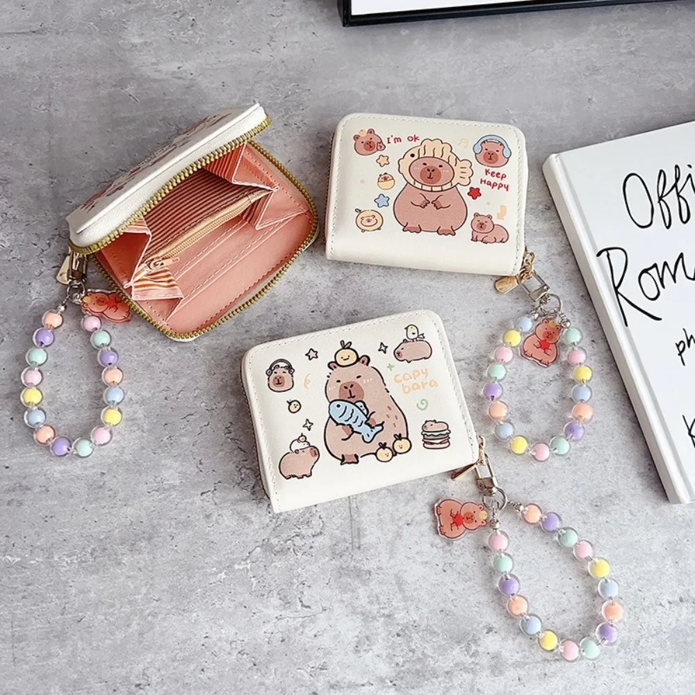 

New PU Leather Coin Purse Capybara Multifunctional Card Holder with Pendant Large Capacity Short Zips Card Wallet Gift